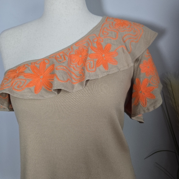 Anthropologie, New, Dolan Linen Blend Rib Knit Embroidered Ruffle Top Size XL - Picture 3 of 14